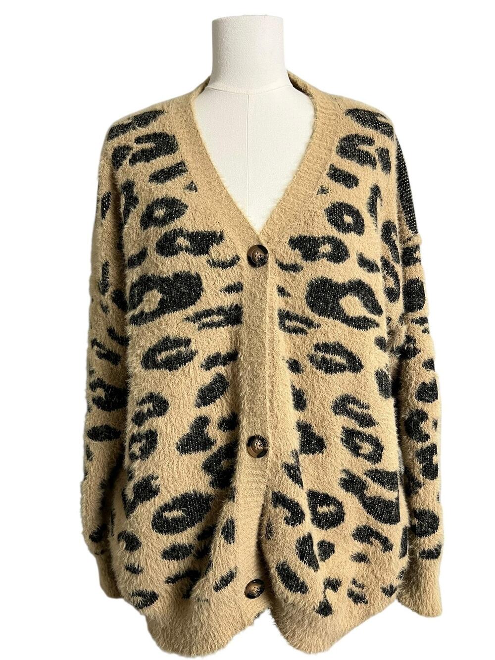 Vestidos Fuzzy Cardigan Sweater Womens Small Leopard Animal Print Cozy Oversized